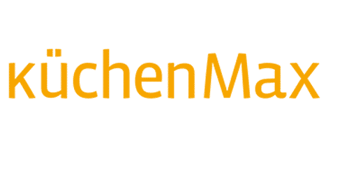 Logo mit dem Wort küchenMax in orangefarbenem Text und dem Satz Wir lieben Küchen. in weißer Schrift darunter, auf transparentem Hintergrund.